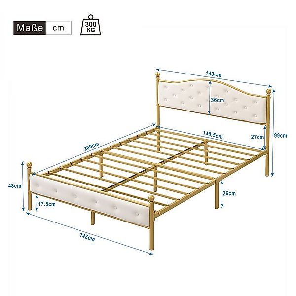 Flieks Metallbett, Doppelbett Polsterbett mit Lattenrost 140x200cm golden günstig online kaufen
