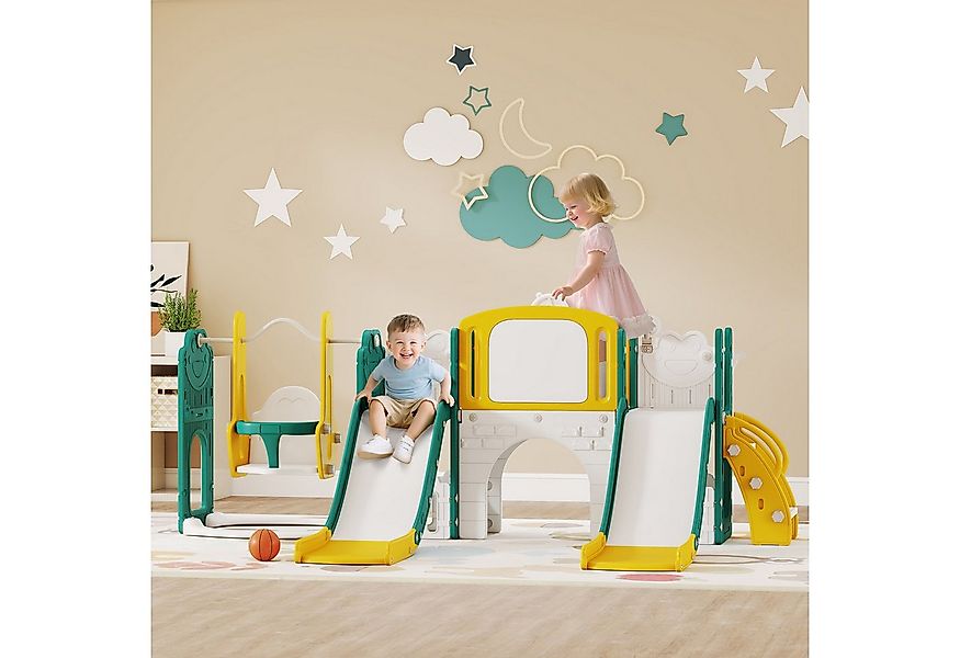 AIYAPLAY Rutsche mit Basketballkorb, 2 Rutsche, Klettergerüst, Schaukel, Tu günstig online kaufen