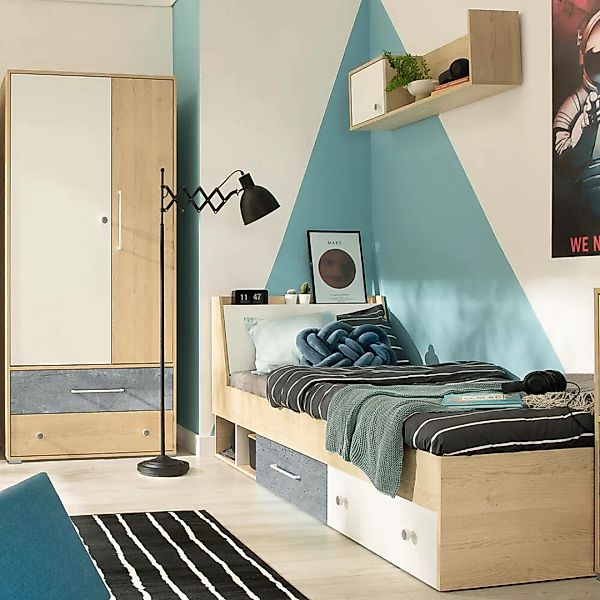 Jugendzimmer Set 3-teilig SPOKANE-133 mit Bett 90cm Eiche mit weiß und Beto günstig online kaufen
