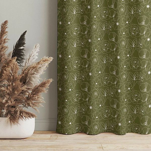 Vorhang Outline Blüten Muster - Olive Grün günstig online kaufen