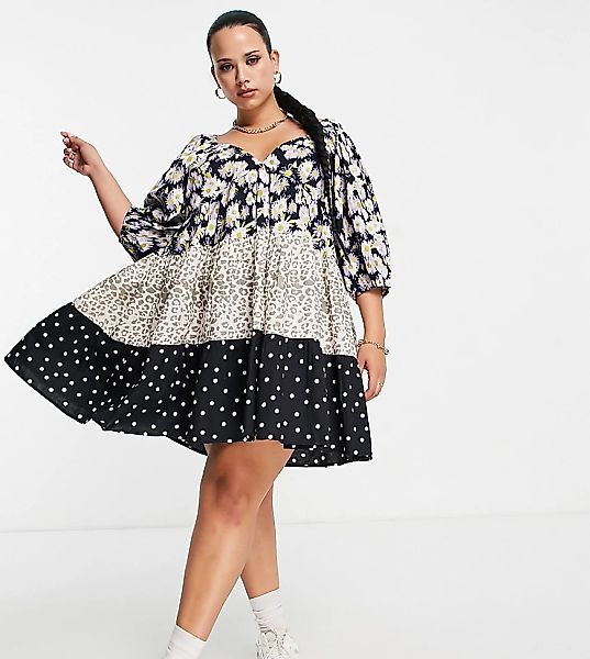 ASOS DESIGN Curve – Gestuftes Mini-Babydoll-Kleid mit Muster-Mix-Mehrfarbig günstig online kaufen