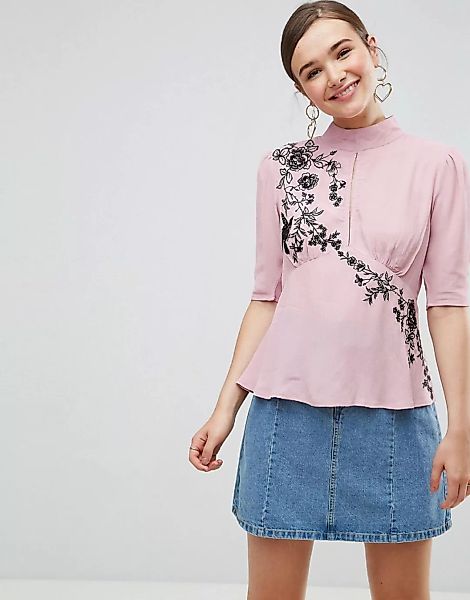 ASOS – Bestickte Bluse mit Puffärmeln-Rosa günstig online kaufen