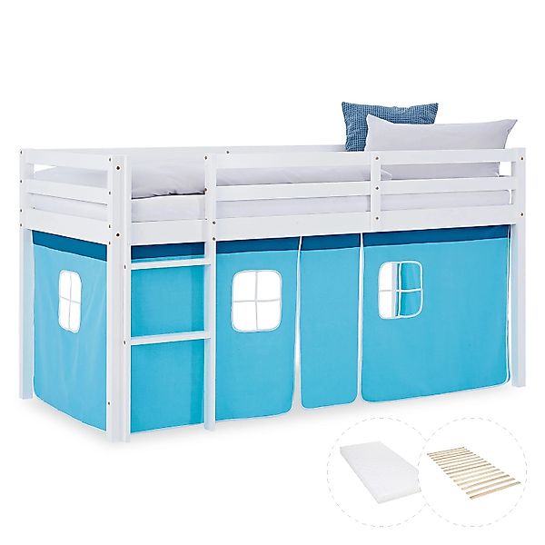 Homestyle4u Kinder Hochbett 90x200 mit Matratze Vorhang Blau mit Lattenrost günstig online kaufen