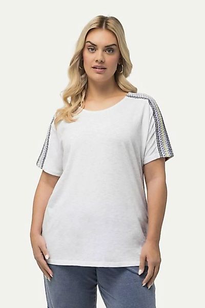 Ulla Popken Rundhalsshirt T-Shirt Stickerei Smok-Schultern Rundhals Halbarm günstig online kaufen