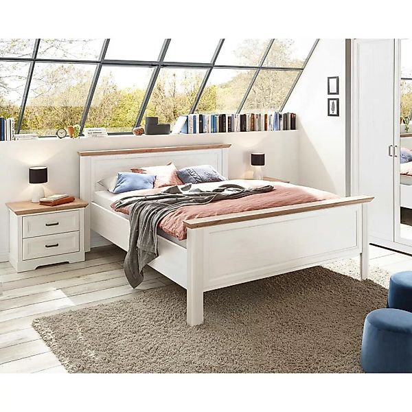 Schlafzimmer Set 3-teilig Bett 160x200cm Pinie weiß mit Eiche JÜLICH-77 günstig online kaufen
