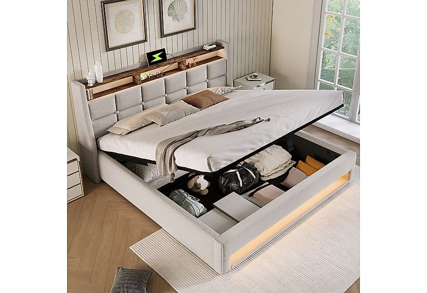 HAUSS SPOLE Polsterbett 180x200cm mit USB, LED Doppelbett mit Lattenrost, L günstig online kaufen