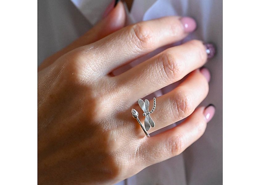 Runde Perlé Silberring Zarte Libelle, handgefertigter offener Ring, 925er S günstig online kaufen