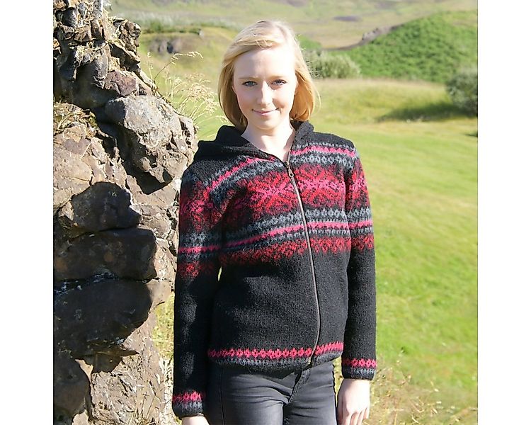 KIDKA Kapuzenstrickjacke - Wollstrickjacke für Damen - Farbe schwarz-rot-pi günstig online kaufen