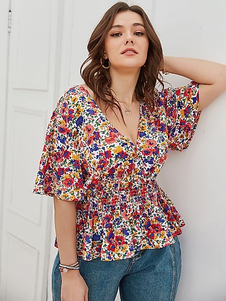 Plus Size V-Ausschnitt Calico Shirring Gekreuzte Front Design Halbarm Bluse günstig online kaufen