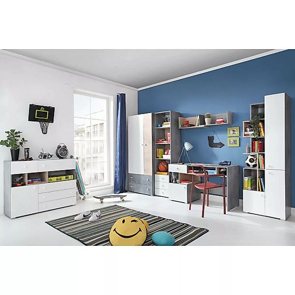 Jugendzimmer Set 6-teilig SEATTLE-133 mit Schreibtisch in Beton weiß Eiche günstig online kaufen