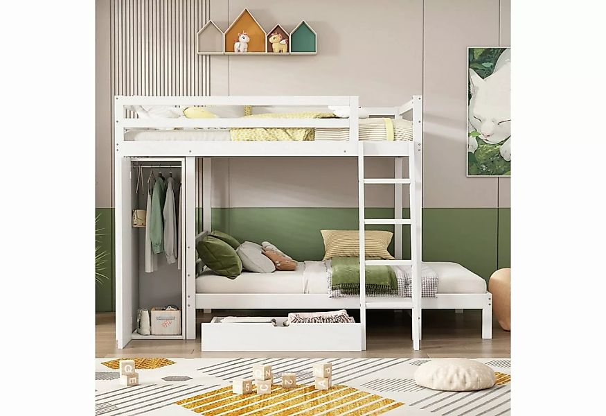 Ulife Etagenbett Holzbett mit Kleiderschrank und Schublade, Kinderbett mit günstig online kaufen