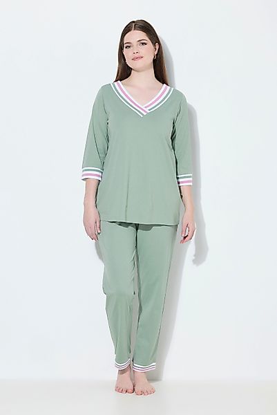 Ulla Popken Pyjama Schlafanzug Streifendetails V-Ausschnitt günstig online kaufen