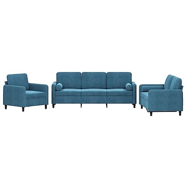 vidaXL Sofa, 3-tlg. Sofagarnitur mit Kissen Blau Samt günstig online kaufen