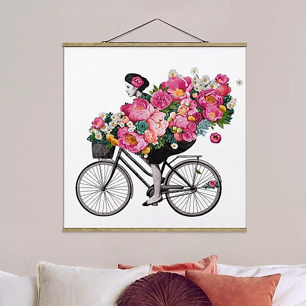 Stoffbild Blumen mit Posterleisten - Quadrat Illustration Frau auf Fahrrad günstig online kaufen