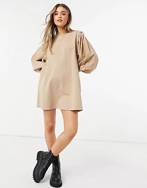 ASOS DESIGN – Mini-Sweatkleid mit Puffärmeln in Camel-Braun günstig online kaufen