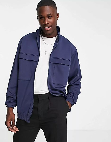 ASOS DESIGN – Neopren-Jacke mit Brusttaschen in Marineblau günstig online kaufen