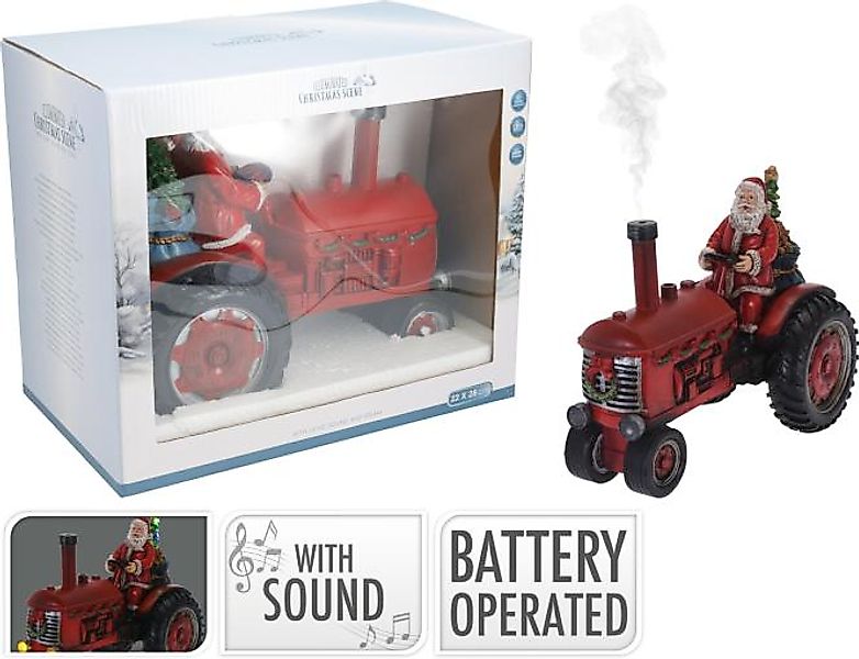 Deko-Figur WEIHNACHTSMANN auf Traktor 28 cm inkl LED mit Ton Rot, Schwarz günstig online kaufen
