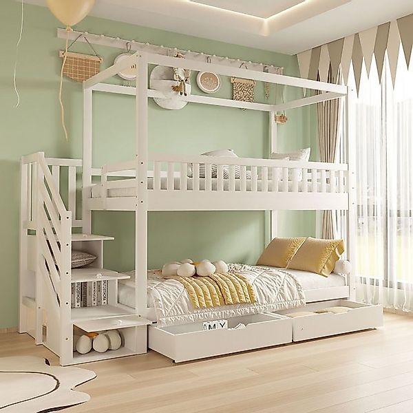 LVHOM Hochbett Kinderbett, Stauraum-Treppe, Unten mit 2 Schubladen Hausbett günstig online kaufen