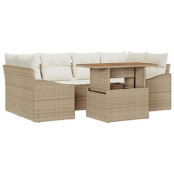 vidaXL Loungesofa 7-teiliges Garten-Esszimmer-Set mit Kissen Beige Poly Rat günstig online kaufen