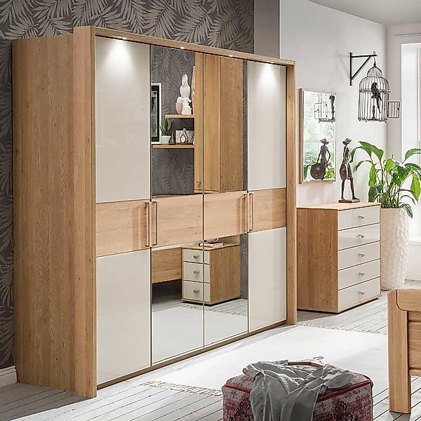 Schlafzimmer Kleiderschrank in Beige Glas beschichtet Spiegel günstig online kaufen