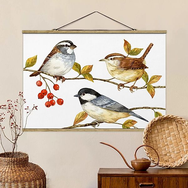 Stoffbild Tiere mit Posterleisten - Querformat Vögel und Beeren - Meisen günstig online kaufen