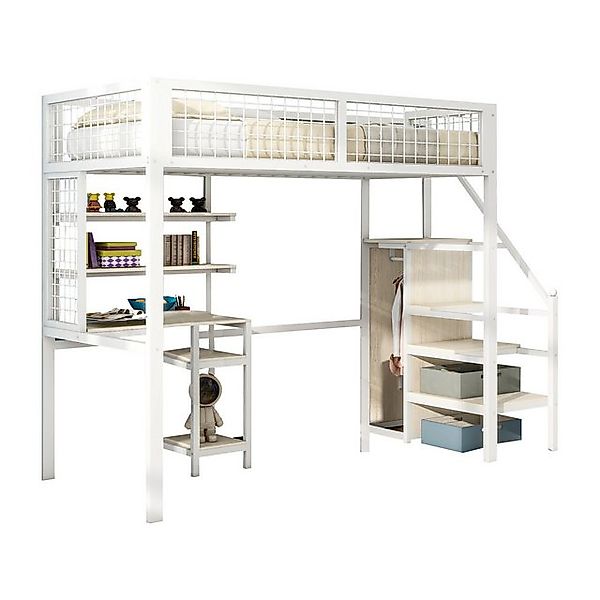 Flieks Hochbett Kinderbett 90x200cm mit Tisch/Leiter/Regal/Kleiderschrank günstig online kaufen