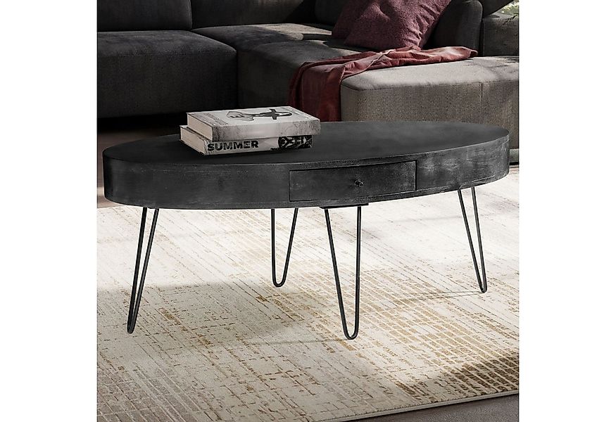 FINEBUY Couchtisch FB106347 100cm oval Massivholz schwarz Wohnzimmertisch S günstig online kaufen