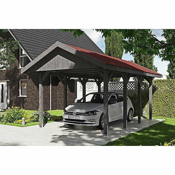 Satteldach-Carport Wallgau Schiefergrau 380 x 600 cm rote Schindeln günstig online kaufen