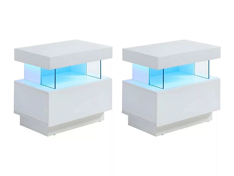 2er-Set Nachttische mit 1 Schublade & 1 Ablage + LEDs - MDF - Weiß lackiert günstig online kaufen