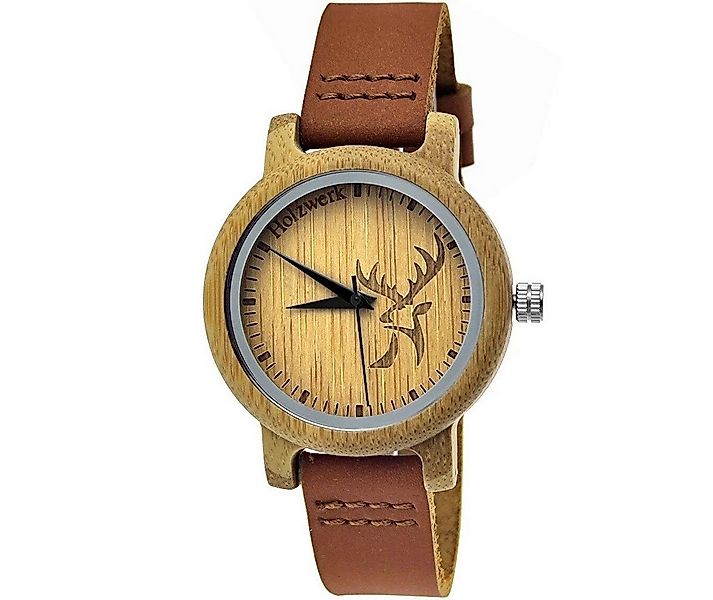 Holzwerk Quarzuhr GERA kleine Damen Leder & Holz Armband Uhr, Hirsch Logo, günstig online kaufen