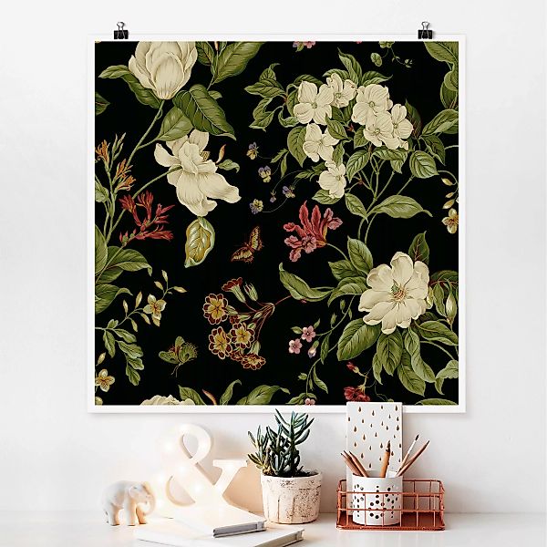 Poster - Quadrat Gartenblumen auf Schwarz II günstig online kaufen