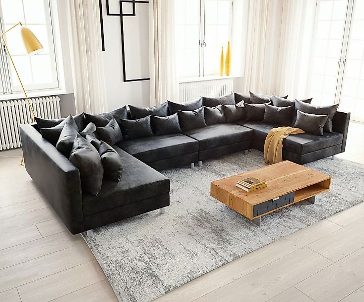 Wohnlandschaft Clovis XL Anthrazit Antik Optik Modulsofa günstig online kaufen