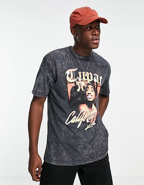 Topman – Oversize-T-Shirt mit „Tupac California“-Print in verwaschenem Schw günstig online kaufen