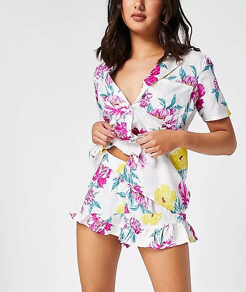River Island – Pyjama aus Jacquard mit Hemd und Shorts mit Blumenmuster in günstig online kaufen