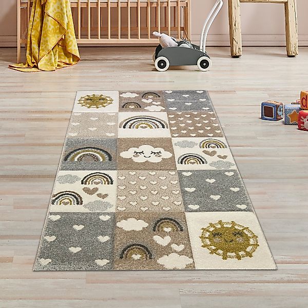TeppichHome24 Kinderteppich Kinderteppich Herzchen Wolken beige günstig online kaufen