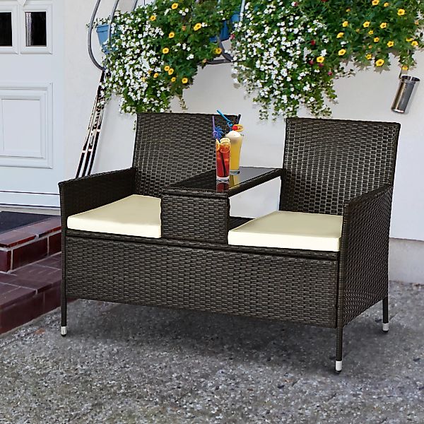 Outsunny Polyrattan Sitzbank 2-Sitzer mit Tisch Gartenbank Stahlrahmen Brau günstig online kaufen