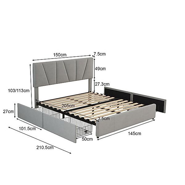 TavilaEcon Polsterbett Doppelbett Jugendbett Plattform Bett mit vier Schubl günstig online kaufen