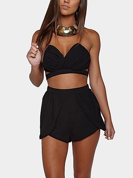 Sexy schwarzer V-Ausschnitt Tube Top & Shorts Co-ord günstig online kaufen