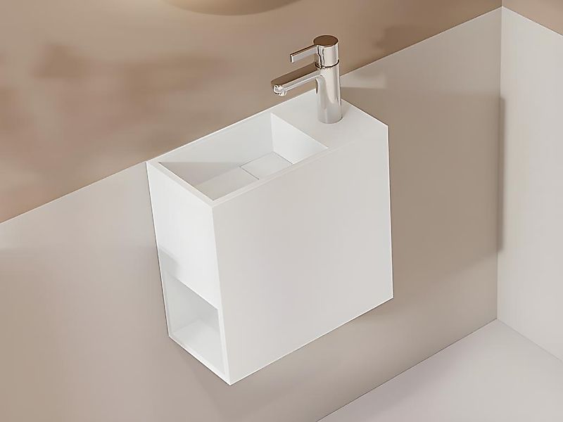 Handwaschbecken hängend mit Ablagefach - Solid Surface - Armaturen rechts - günstig online kaufen