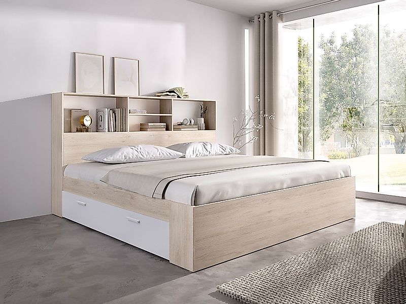 Bett mit Stauraum - 140 x 190 cm - Holzfarben & Weiß - VARDIEL günstig online kaufen
