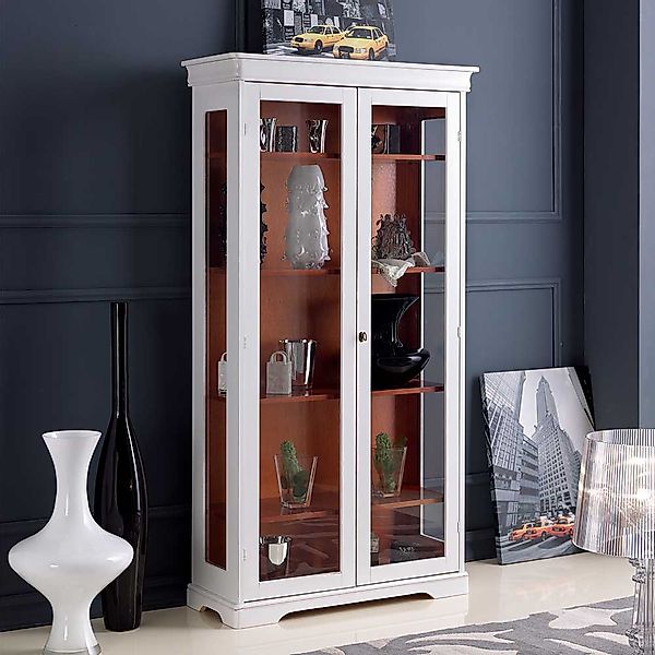Vintage Stil Schrank Vitrine in Antikweiß Nussbaumfarben günstig online kaufen