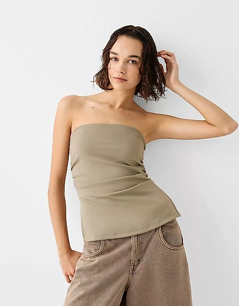 Bershka Bandeau-Top Aus Punto-Di-Roma Mit Raffung Damen L Sandfarbe günstig online kaufen