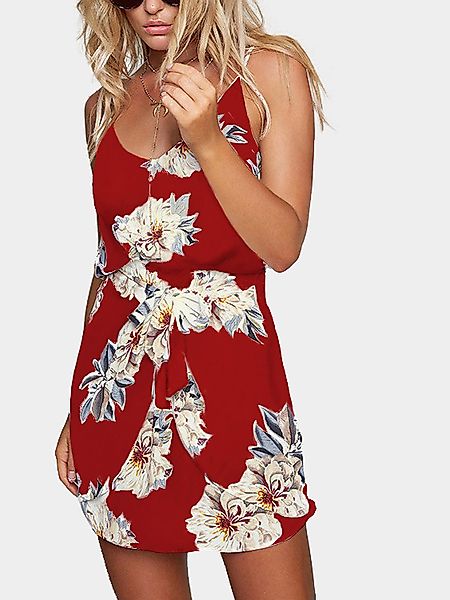 Random Floral Print Stretch Taille Ärmelloser Riemchen Kleid in Rot günstig online kaufen