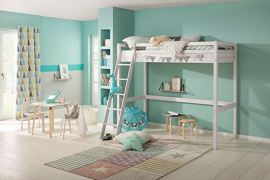 Lüttenhütt Kinderbett "Alpi, Hochbett, Stellfläche unter dem Bett" Kiefernh günstig online kaufen