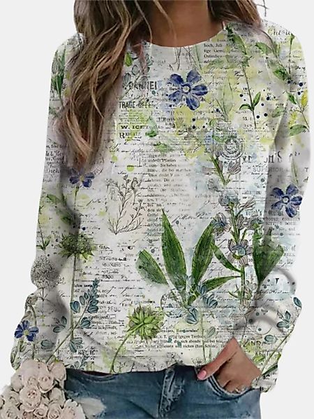 Lässige Brief Vegetation Bedrucktes O-Ausschnitt Langarm T-Shirt günstig online kaufen