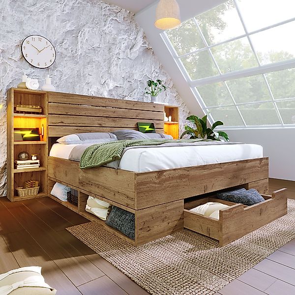 Flieks Holzbett, LED Doppelbett 160×200cm mit günstig online kaufen