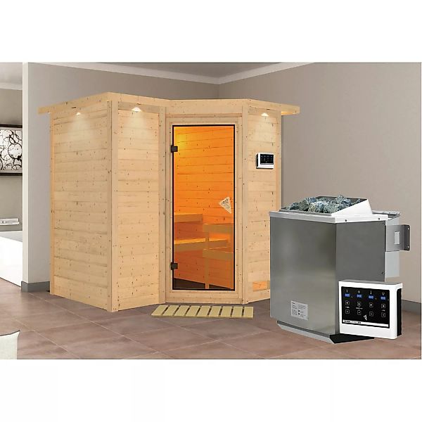 Woodfeeling Sauna-Set Steena 1 inkl. Bio-Ofen 9 kW mit ext. Steuerung, Dach günstig online kaufen