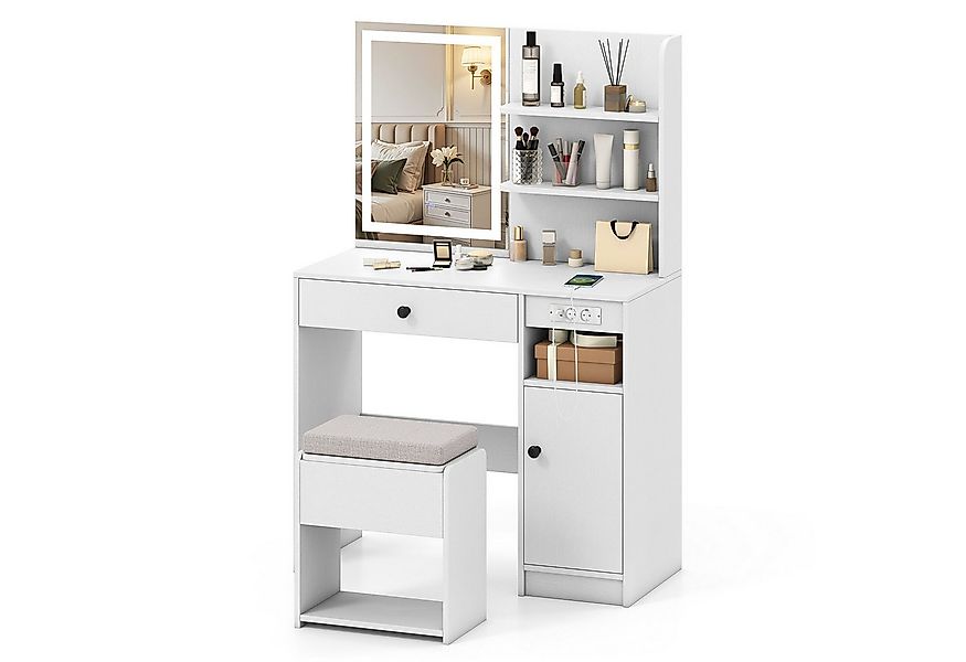 COSTWAY Schminktisch (1-St), Frisiertisch, mit Hocker, Steckdosen, LED Spie günstig online kaufen
