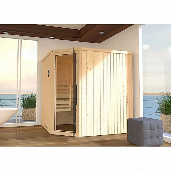 Weka Element-Ecksauna Varberg 3 Sparset 7,5 kW BioS Glastür Saunaleuchtense günstig online kaufen