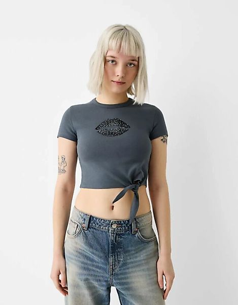 Bershka T-Shirt Mit Kurzen Ärmeln Und Print Damen Xs Dunkelgrau günstig online kaufen